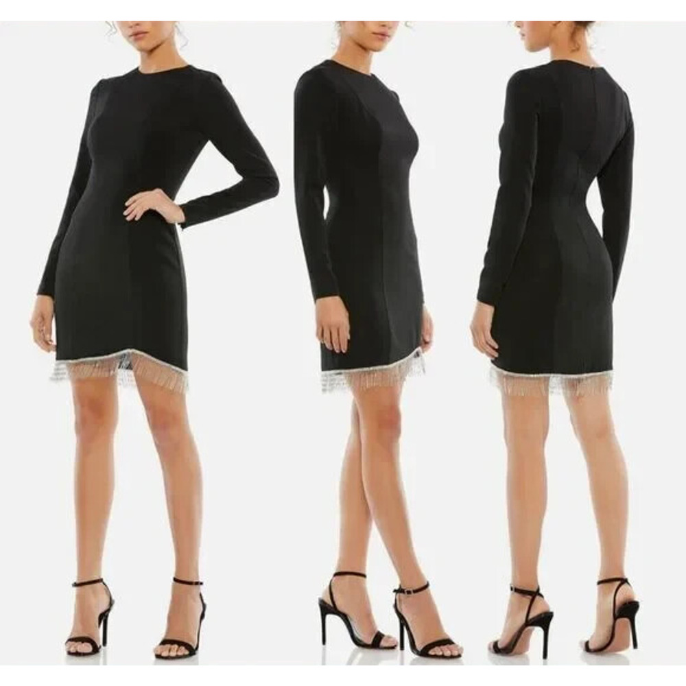 Mac Duggal Black Long Sleeved Asymmetrical Beaded Hem Fringe‎ Mini Dress 8 NWOT